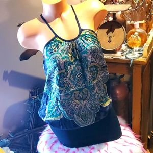 Bebe Paisley logo silk tank mini dress S EUC